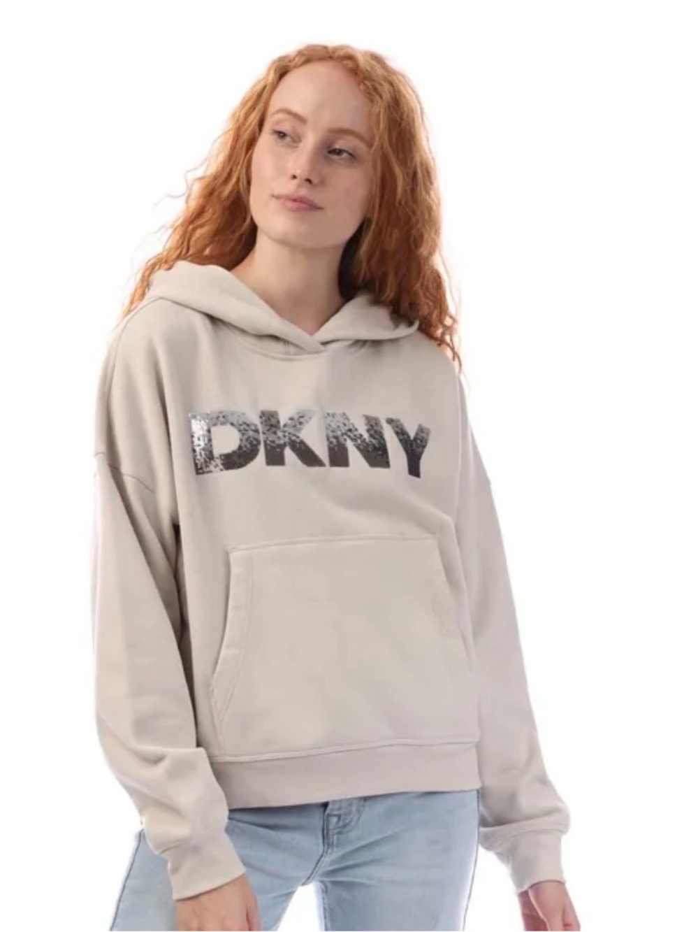 DKNY Cream Hoodie with Metallic Logo